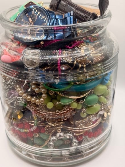 Vintage Costume Jewelry Jar Lot | Packed Assortment of Necklaces, Bracelets & Watches