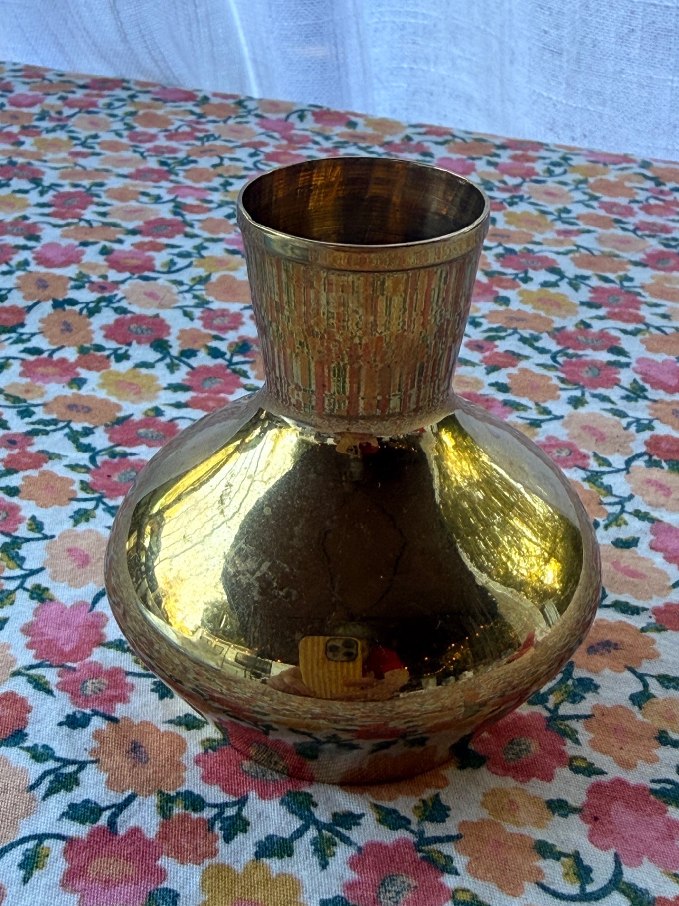Vintage Polished Brass Vase | Bulbous Body with Textured Etched Neck