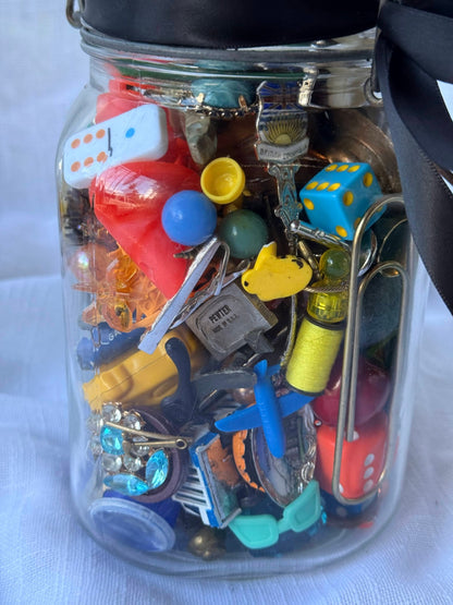 Vintage I Spy Memory Jar | Assemblage Art Curio Jar Filled with Mixed Trinkets & Treasures