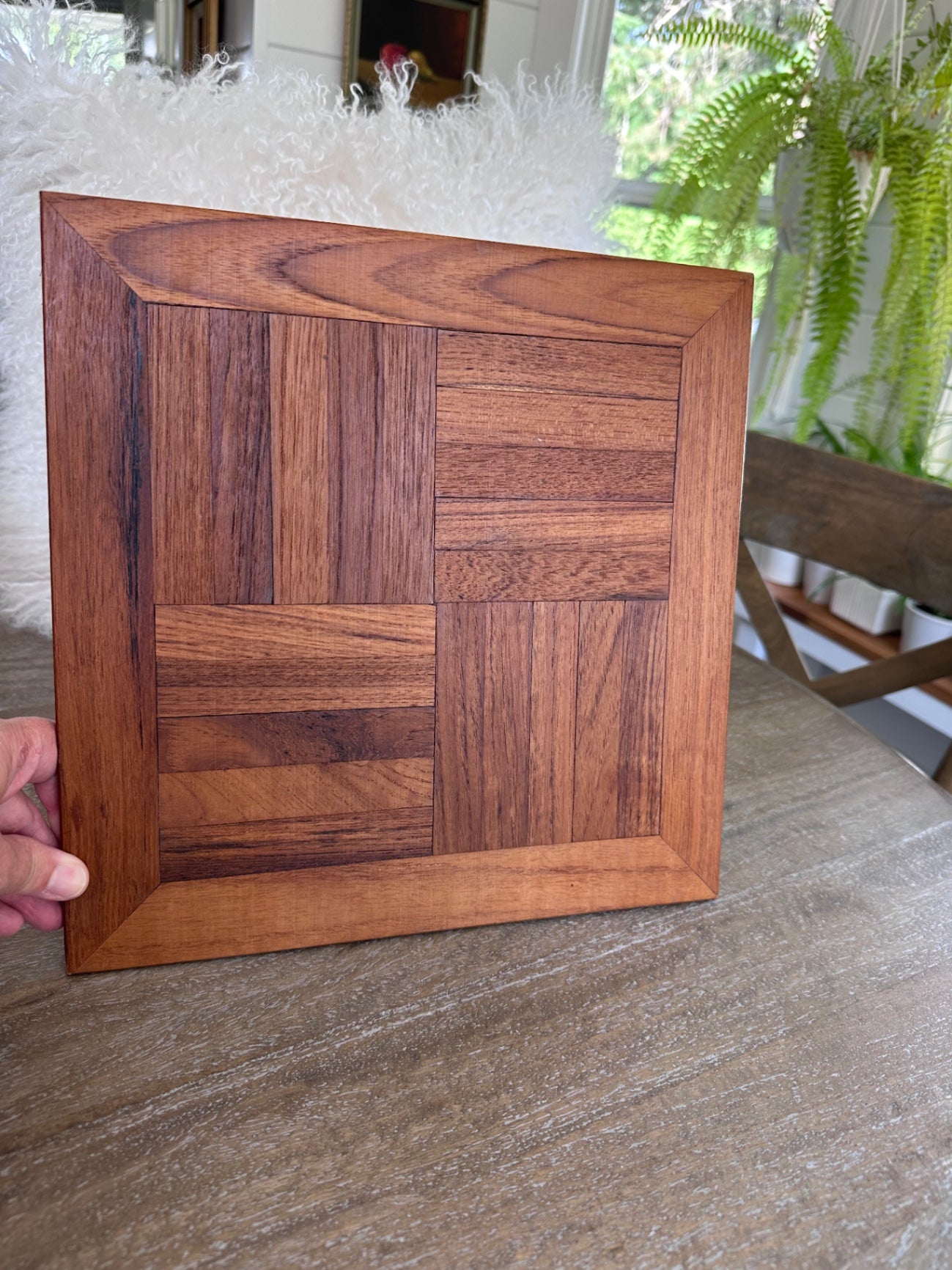 large MCM teak wood parquet trivet