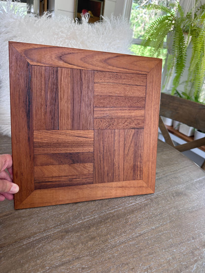 large MCM teak wood parquet trivet