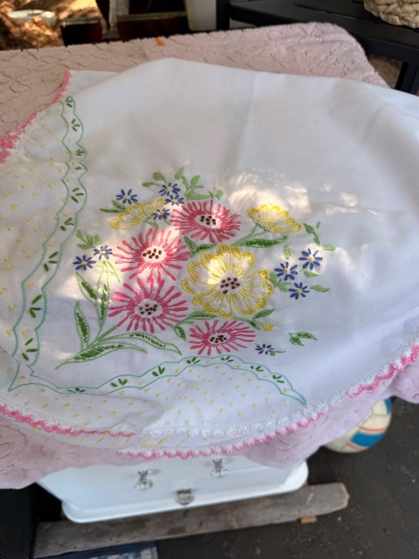 Vintage Hand-Embroidered Floral Pillowcase | Pink & Yellow Daisies with Crocheted Lace Edge