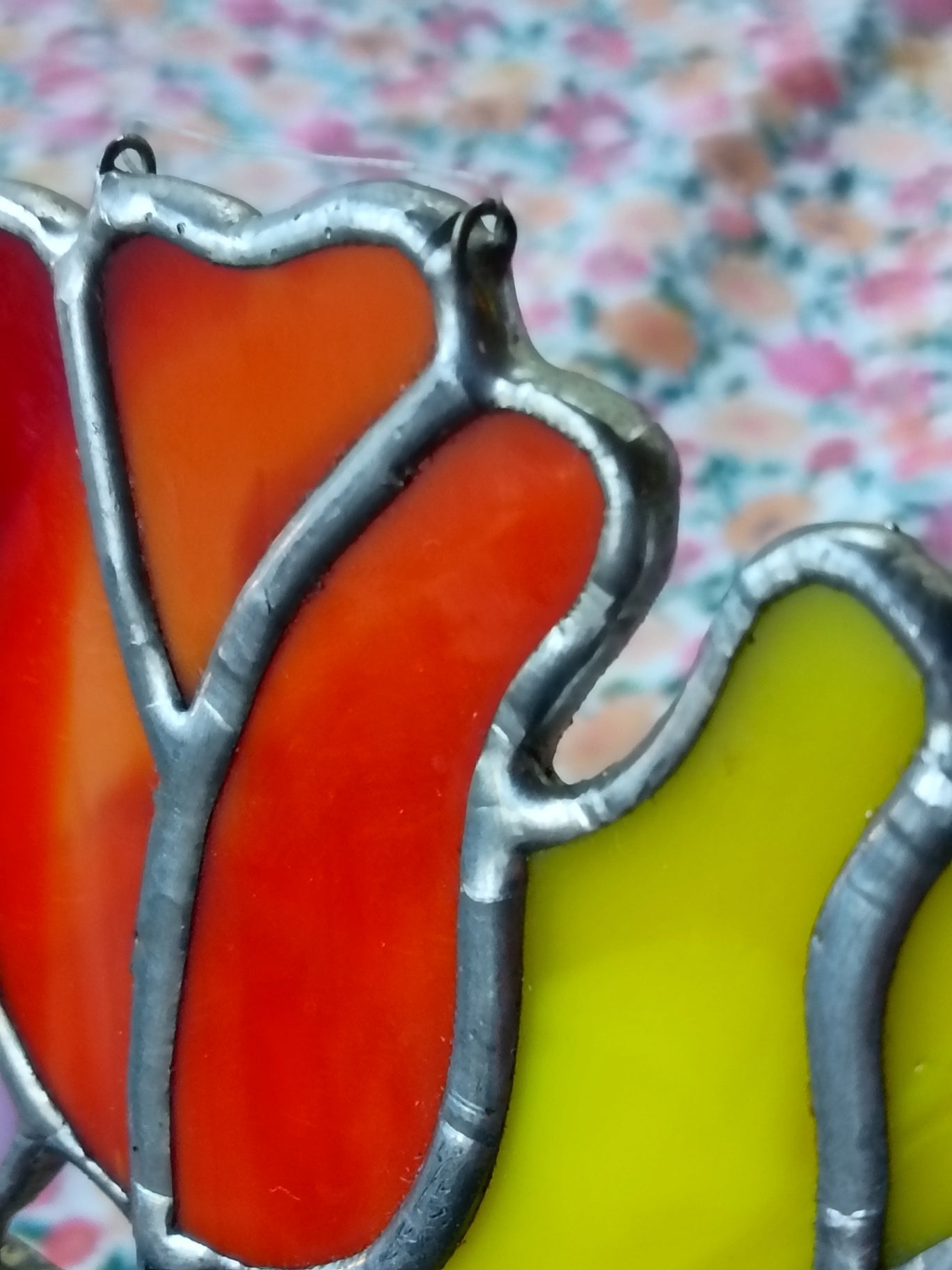 Handmade Stained Glass Tulip Bouquet Sun Catcher | Blue Pitcher with Red & Yellow Flowers