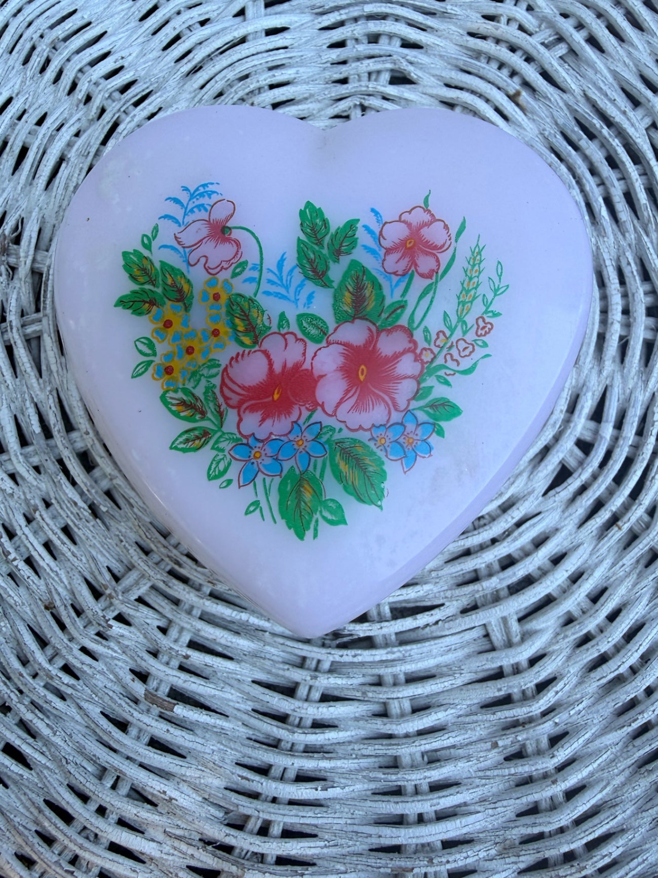 Set of 2 Vintage Milk Glass Heart Trinket Boxes | Floral Decal Vanity Powder Jars