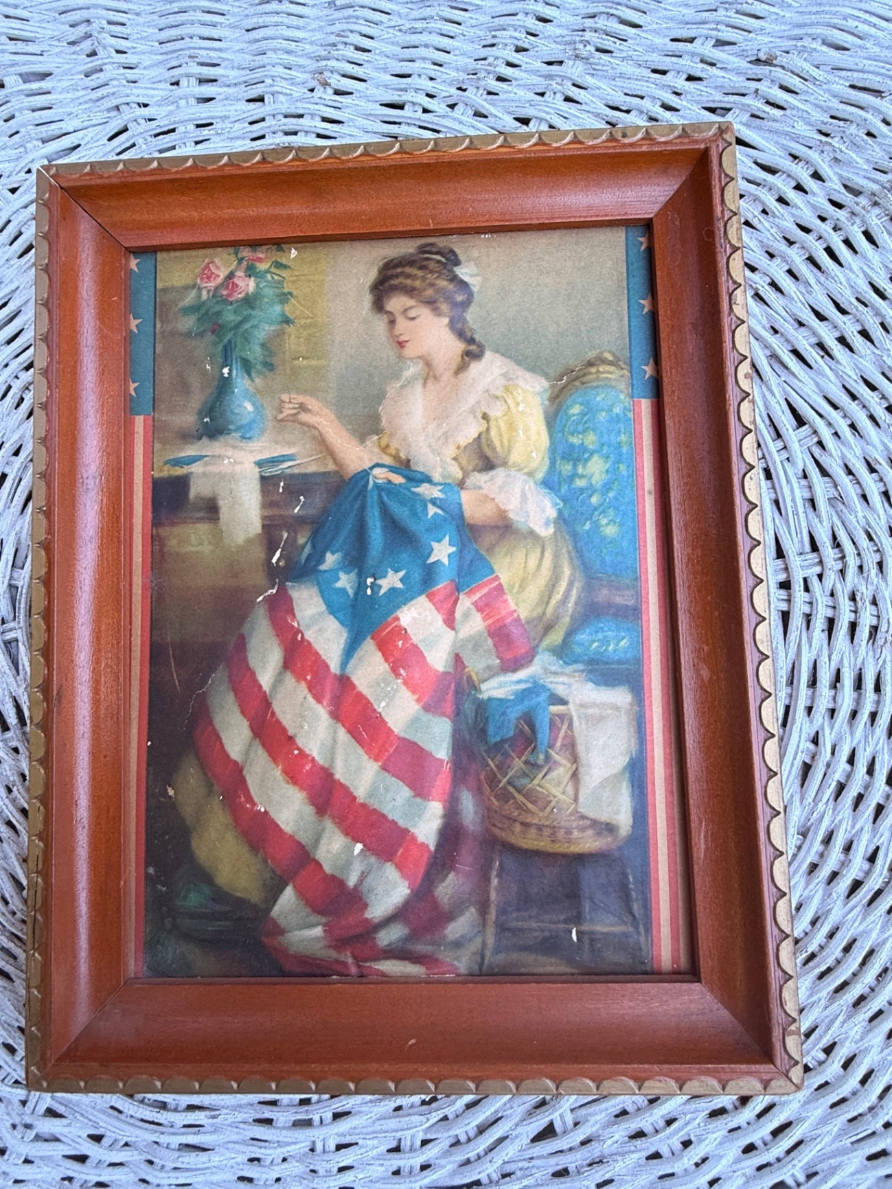 Vintage Framed Betsy Ross Flag Print | Antique Patriotic Americana Wall Art