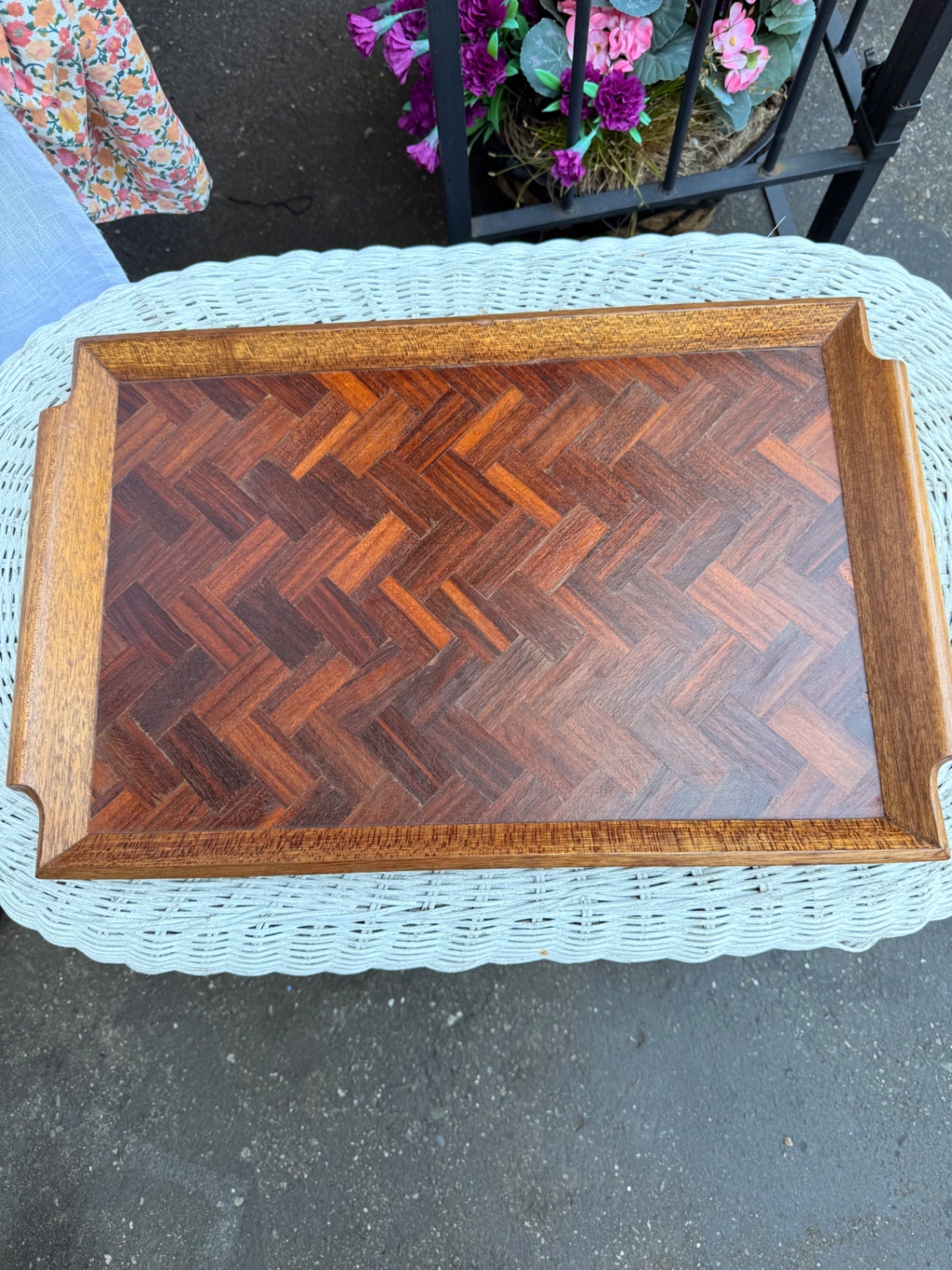 Vintage Mid-Century Parquet Wood Serving Tray | Herringbone Pattern Ottoman Tray