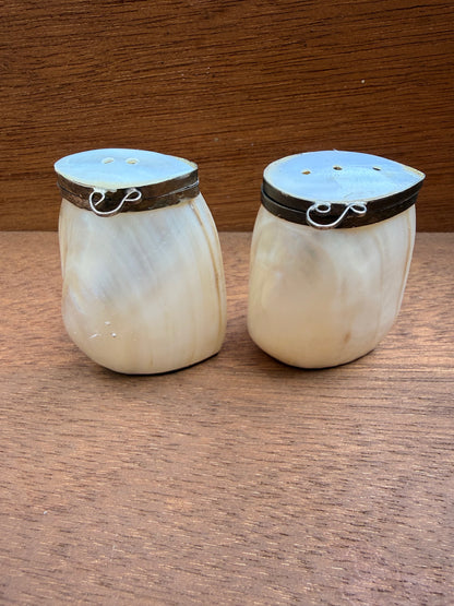 Vintage Mother of Pearl Shell Salt & Pepper Shakers | Hinged Metal Lids