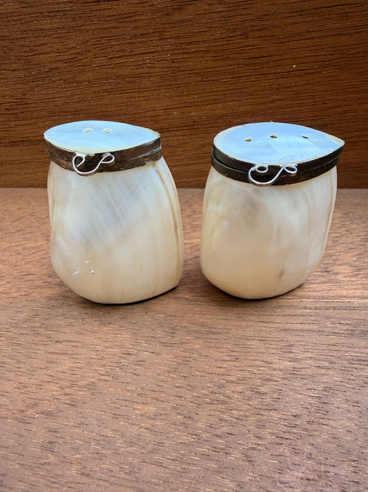 Vintage Mother of Pearl Shell Salt & Pepper Shakers | Hinged Metal Lids