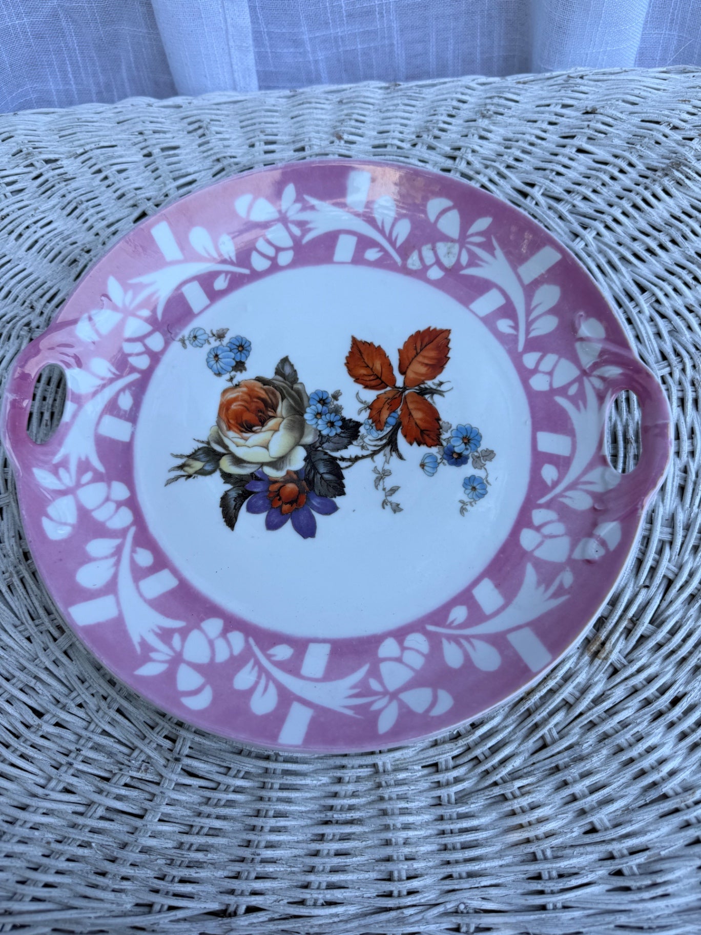Vintage German Porcelain Handled Cake Plate | Pink Floral Border & Center Bouquet