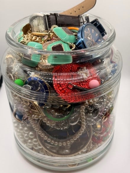 Vintage Costume Jewelry Jar Lot | Packed Assortment of Necklaces, Bracelets & Watches