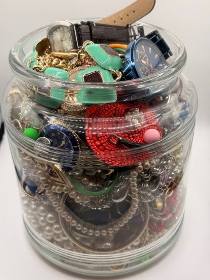 Vintage Costume Jewelry Jar Lot | Packed Assortment of Necklaces, Bracelets & Watches