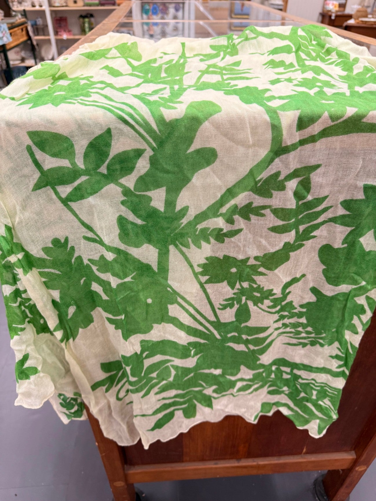 Vintage Botanical Print Scarf | Green & Cream Leaf Pattern Lightweight Fabric