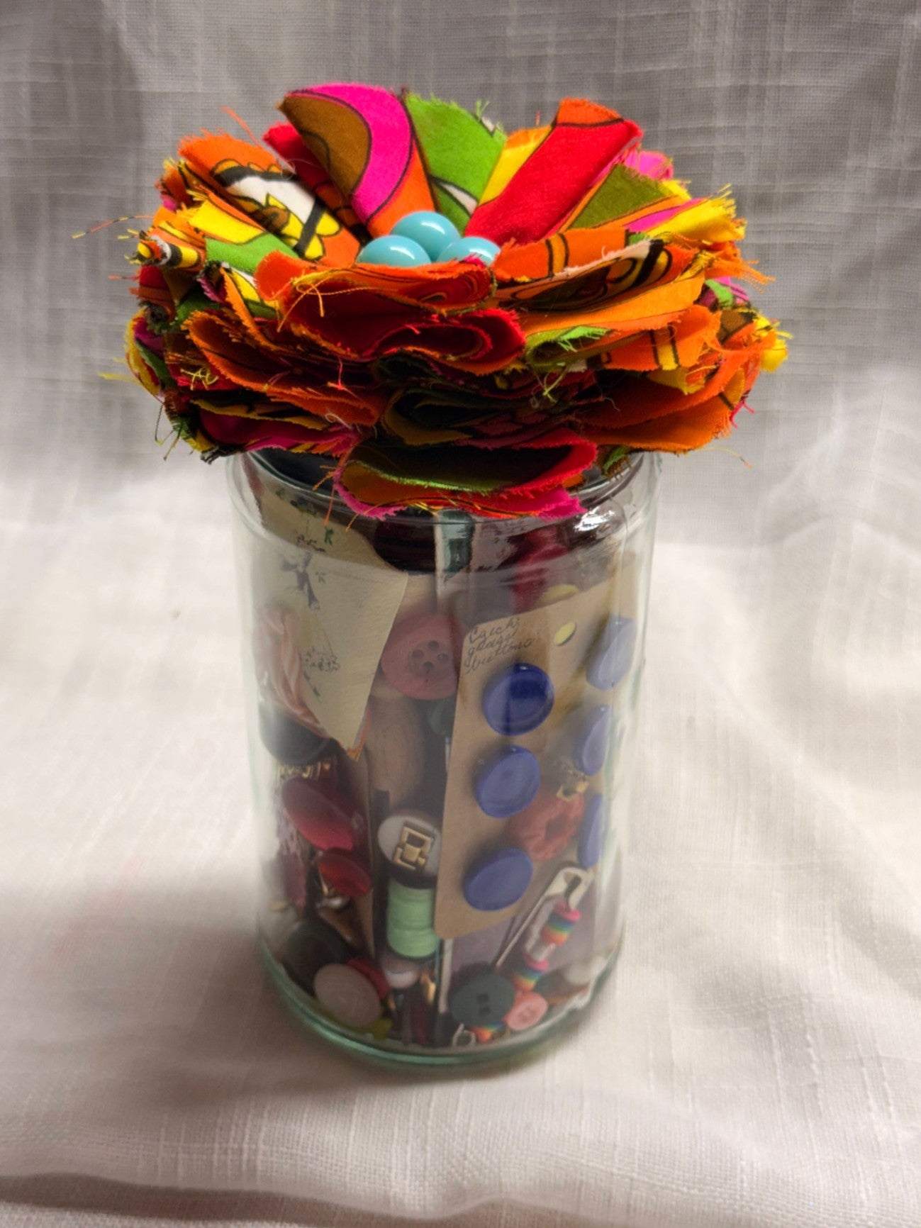 Vintage Curated Sewing Notions "Junk Jar" | Mixed Antique Buttons, Thread & Ribbon | Fabric Flower Topper