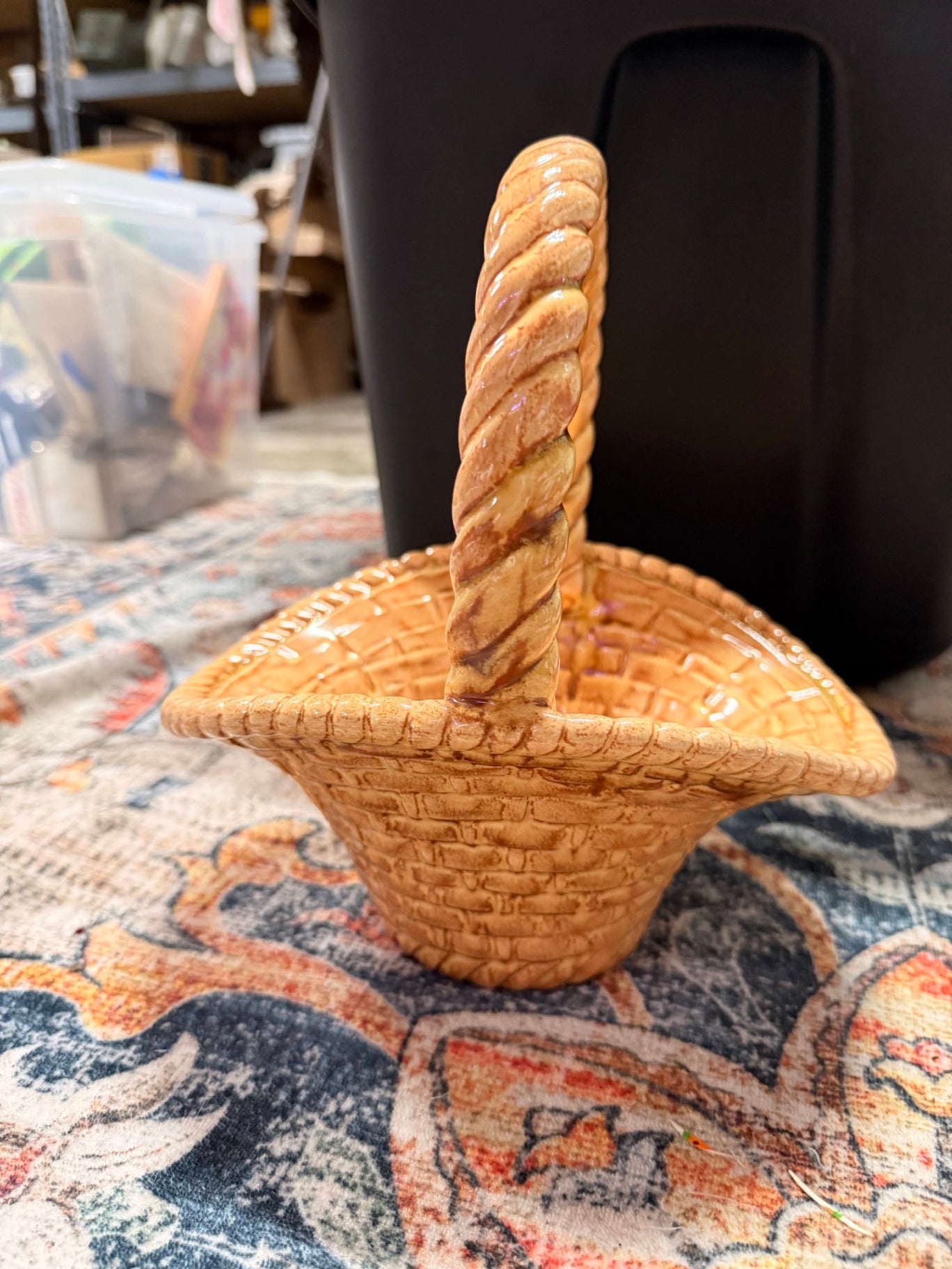 Vintage Honey Glazed Ceramic Basketweave Bowl w/ Twisted Handle | 1978 Pottery