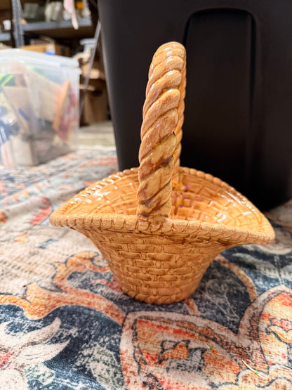 Vintage Honey Glazed Ceramic Basketweave Bowl w/ Twisted Handle | 1978 Pottery