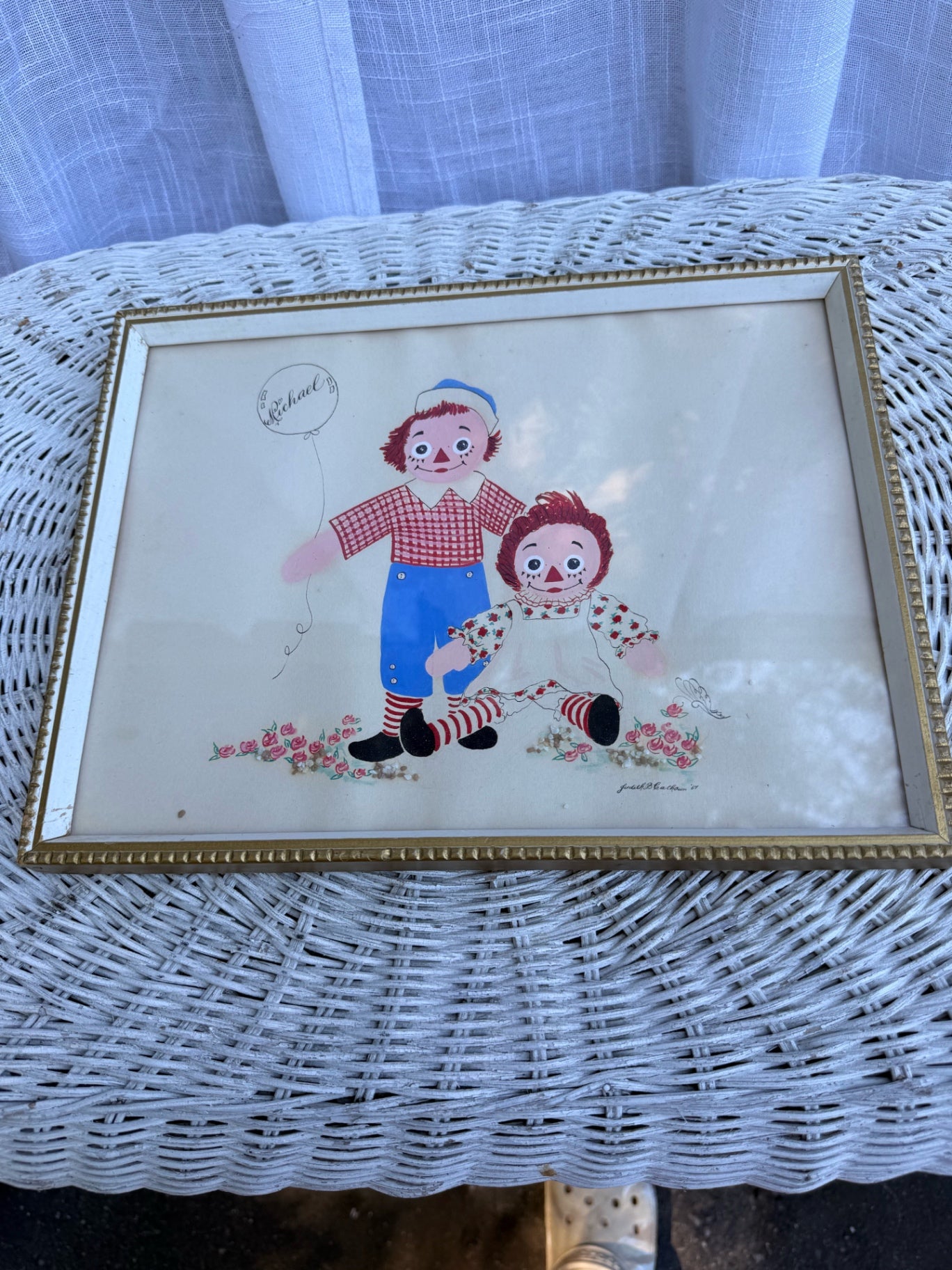 Vintage Framed Raggedy Ann and Andy Art Print | 3D Floral Embellishments & Balloon