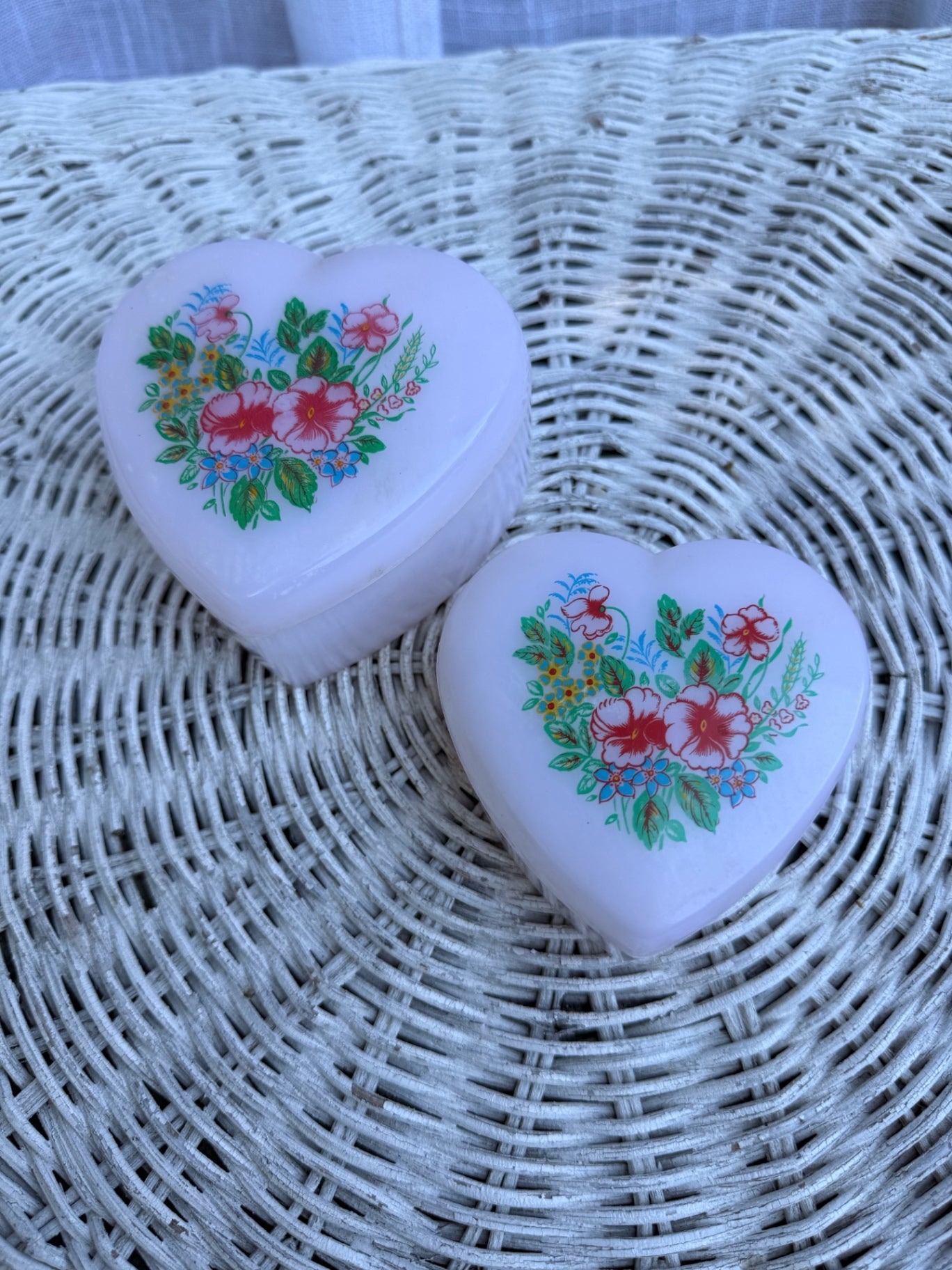 Set of 2 Vintage Milk Glass Heart Trinket Boxes | Floral Decal Vanity Powder Jars