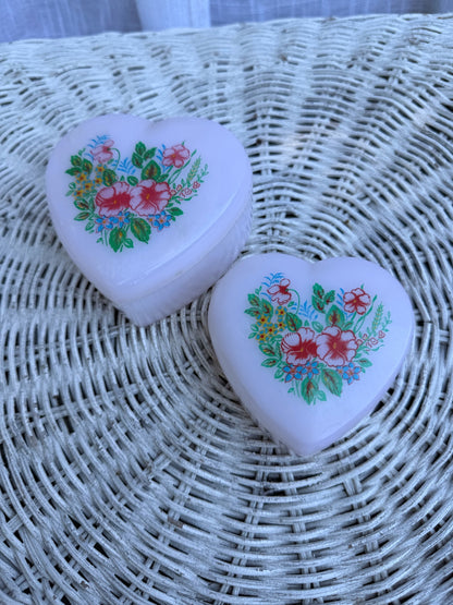 Set of 2 Vintage Milk Glass Heart Trinket Boxes | Floral Decal Vanity Powder Jars