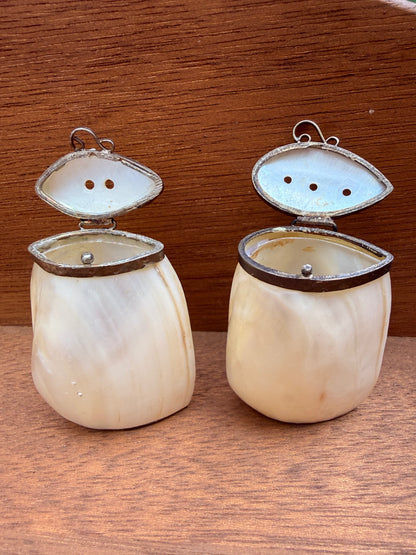 Vintage Mother of Pearl Shell Salt & Pepper Shakers | Hinged Metal Lids