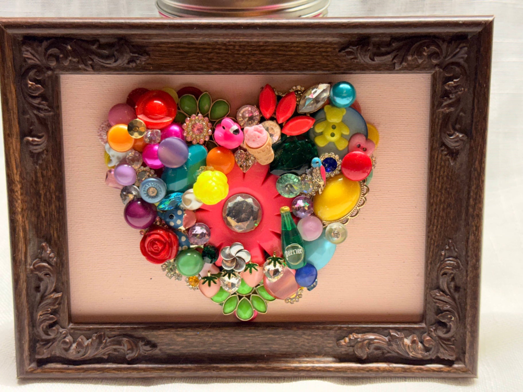 Handmade Mosaic Button & Jewel Art Heart | Framed Vintage Assemblage Wall Decor