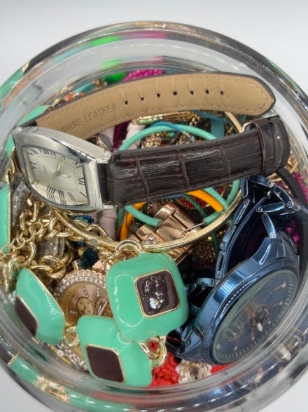 Vintage Costume Jewelry Jar Lot | Packed Assortment of Necklaces, Bracelets & Watches