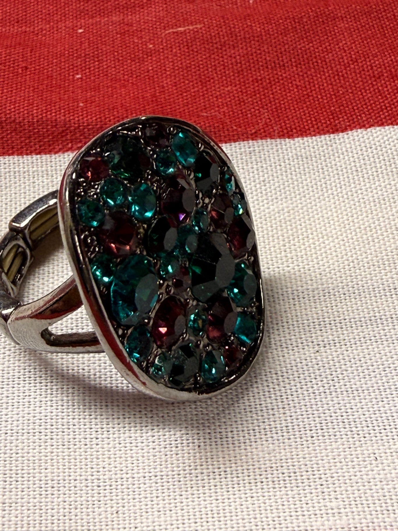 Vintage Rhinestone Statement Ring | Jewel-Tone Teal & Burgundy Pavé Cluster