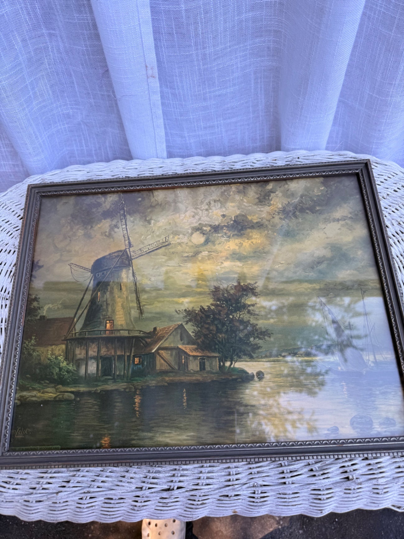Vintage Framed Dutch Windmill Landscape Print | Moody Waterfront River Scene