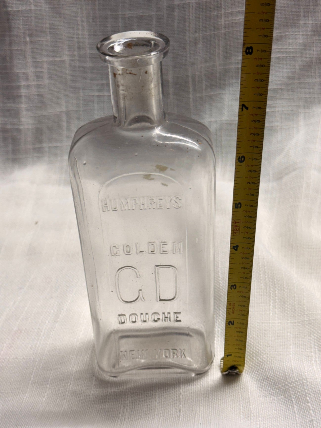 Antique Humphreys Golden "G D" Douche Glass Bottle | New York Apothecary Medicine