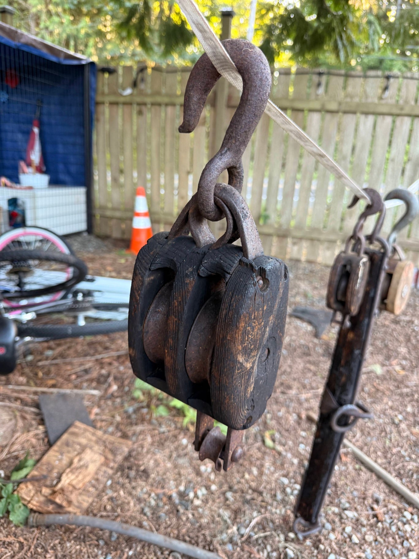 Antique Heavy-Duty Wooden Double Pulley Block | Vintage Rigging Block & Tackle