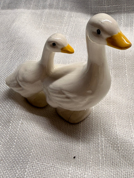 Vintage Ceramic Mother Goose & Gosling Figurine | Glossy White Duck Statue