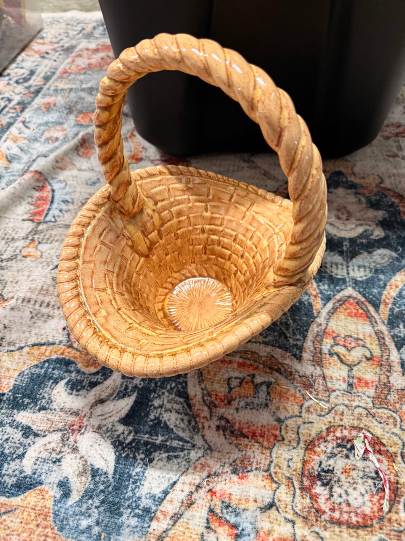 Vintage Honey Glazed Ceramic Basketweave Bowl w/ Twisted Handle | 1978 Pottery