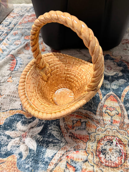 Vintage Honey Glazed Ceramic Basketweave Bowl w/ Twisted Handle | 1978 Pottery