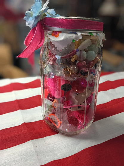 Vintage Assemblage "I Spy" Curio Jar | Floral Fabric-Topped Memory Jar with Mixed Trinkets