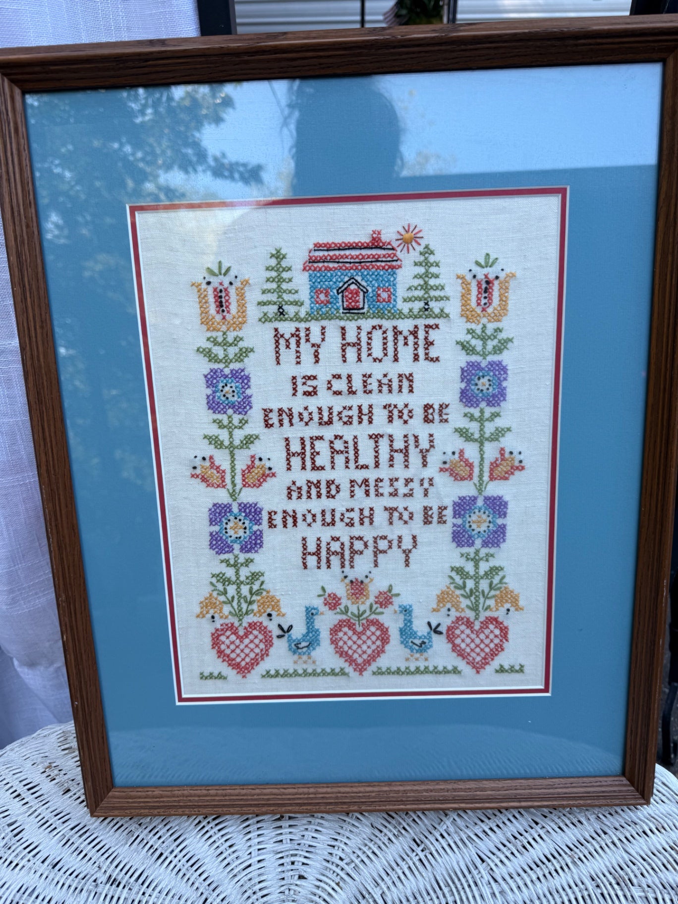 Framed "Clean Enough" Cross Stitch Sampler | Funny Country Home Quote Wall Art