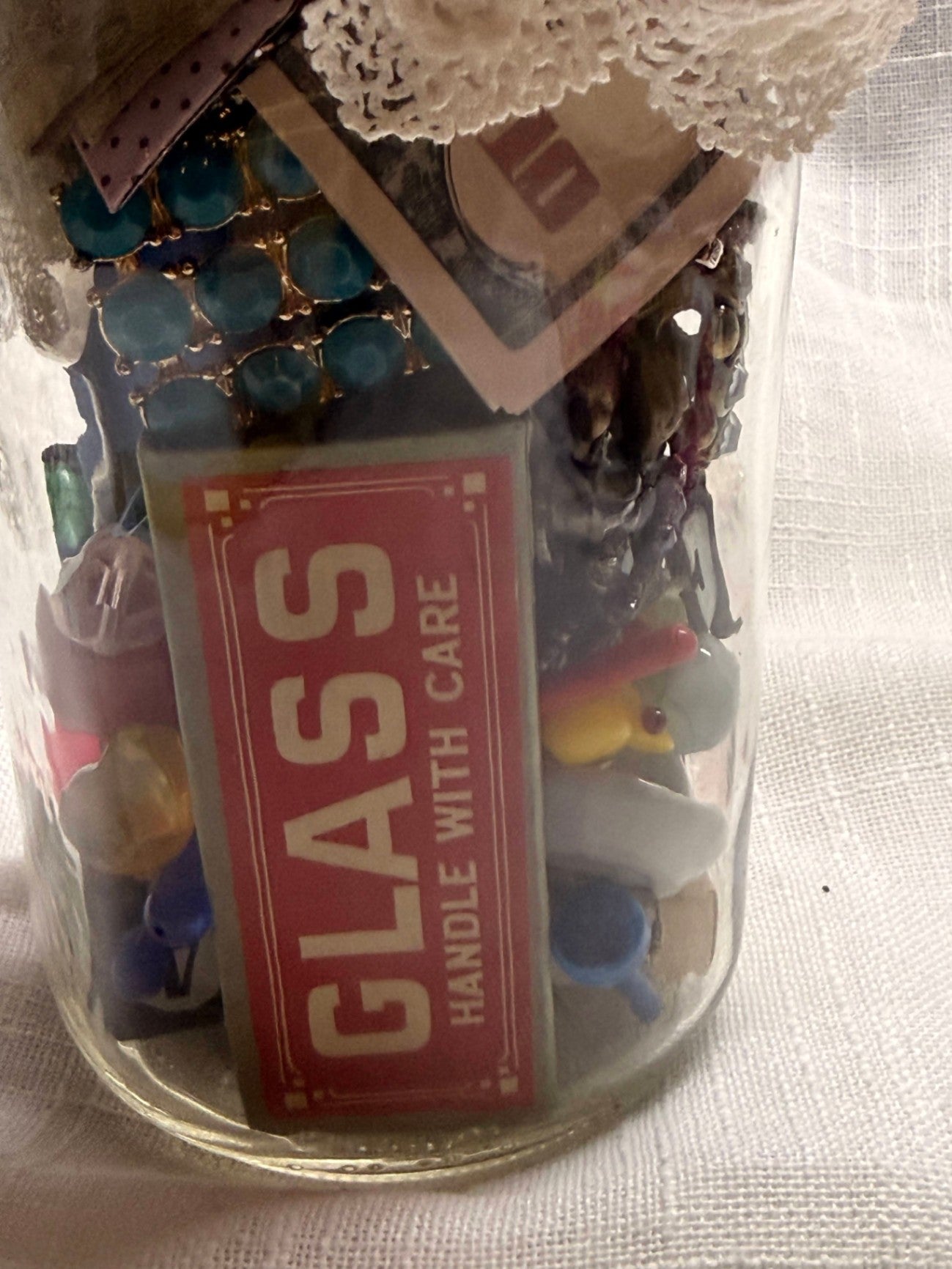 Vintage Assemblage "I Spy" Curio Jar | Lace Topped Memory Jar with Mixed Trinkets