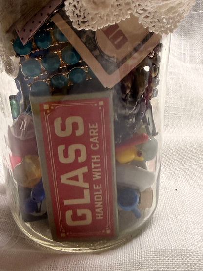 Vintage Assemblage "I Spy" Curio Jar | Lace Topped Memory Jar with Mixed Trinkets