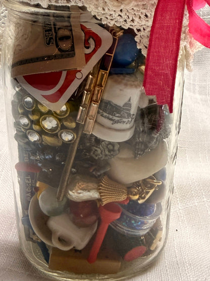 Vintage Assemblage "I Spy" Curio Jar | Lace Topped Memory Jar with Mixed Trinkets