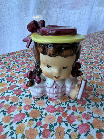 Vintage Ceramic Graduation Girl Head Vase | Mid-Century Planter Holding Diploma
