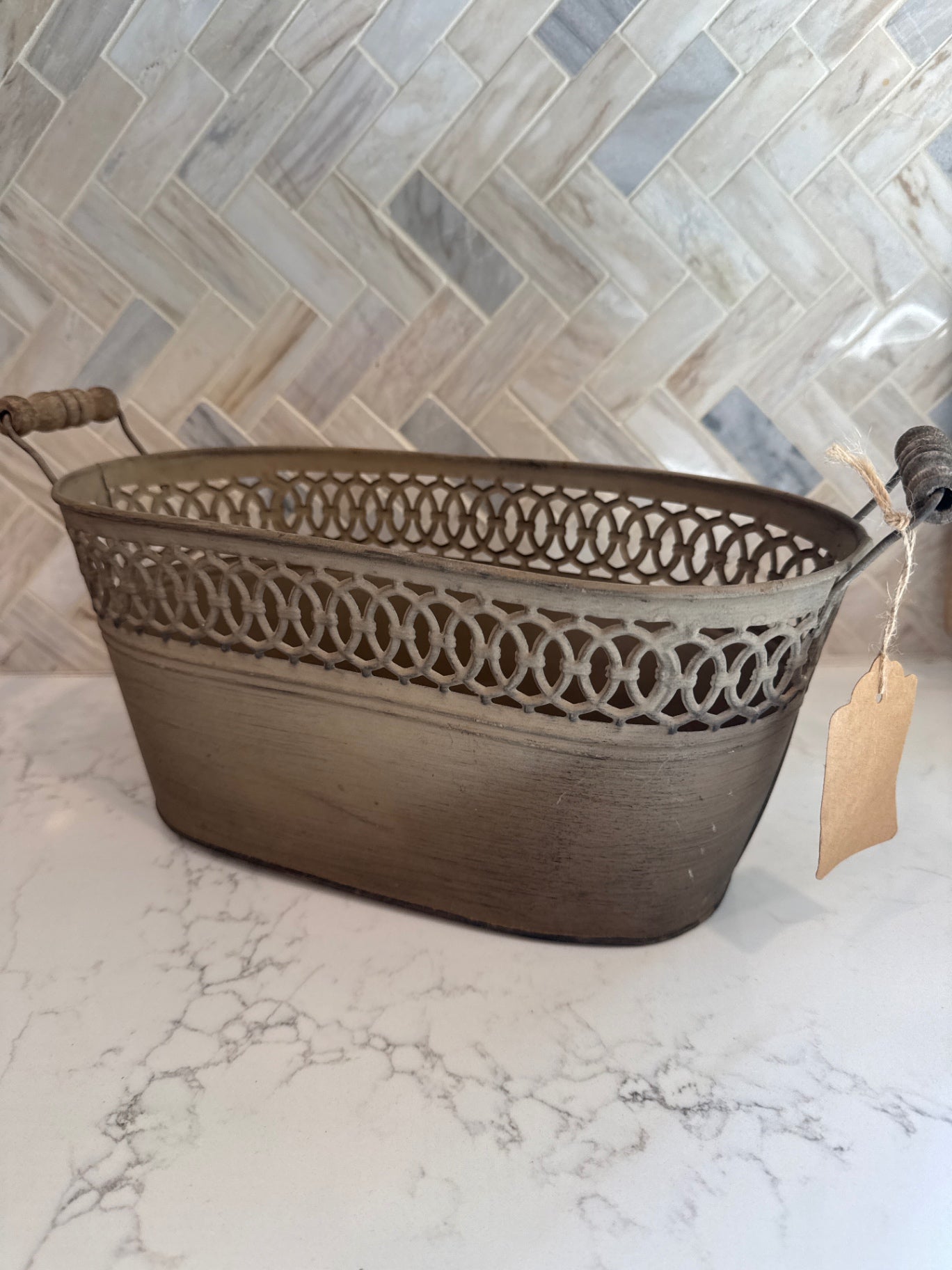 Brown Metal Bucket w/Wood Handles