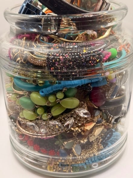 Vintage Costume Jewelry Jar Lot | Packed Assortment of Necklaces, Bracelets & Watches