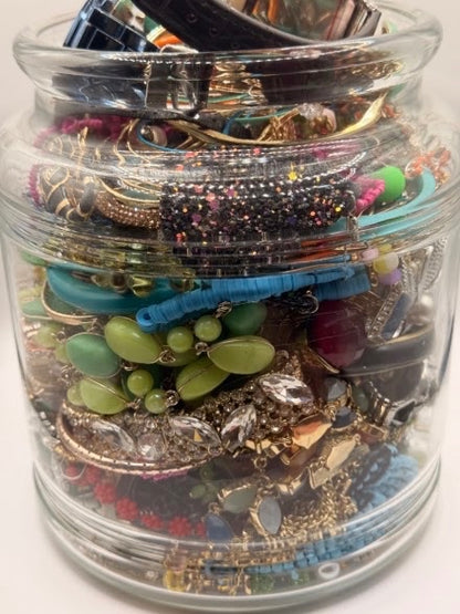 Vintage Costume Jewelry Jar Lot | Packed Assortment of Necklaces, Bracelets & Watches