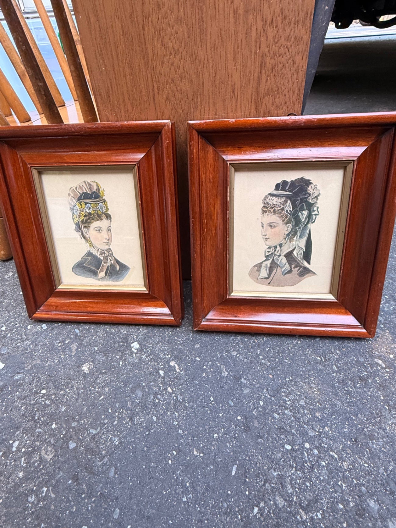 Pair of Framed Victorian Fashion Plate Prints | Antique Portraits of Women in Hats