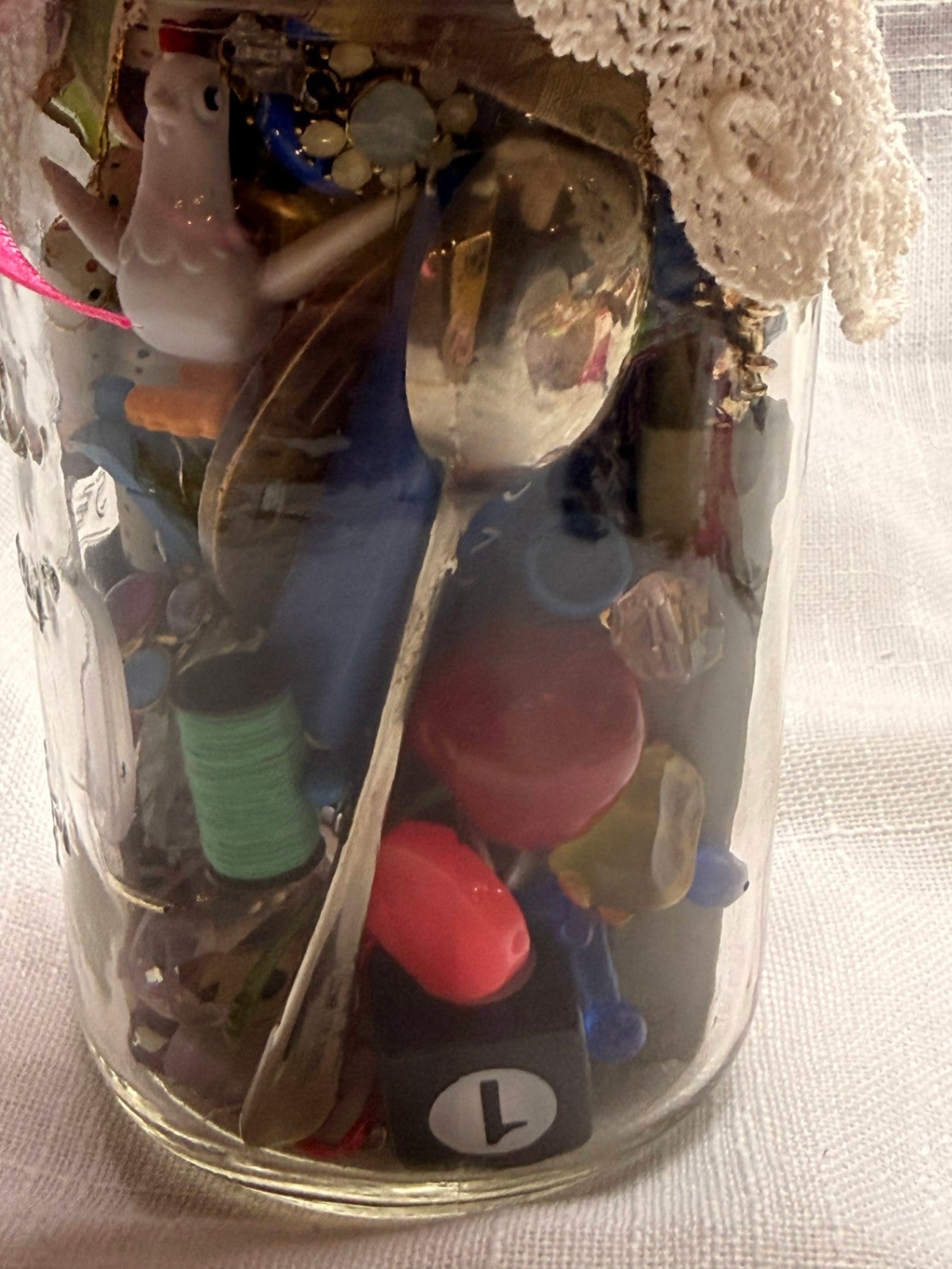 Vintage Assemblage "I Spy" Curio Jar | Lace Topped Memory Jar with Mixed Trinkets