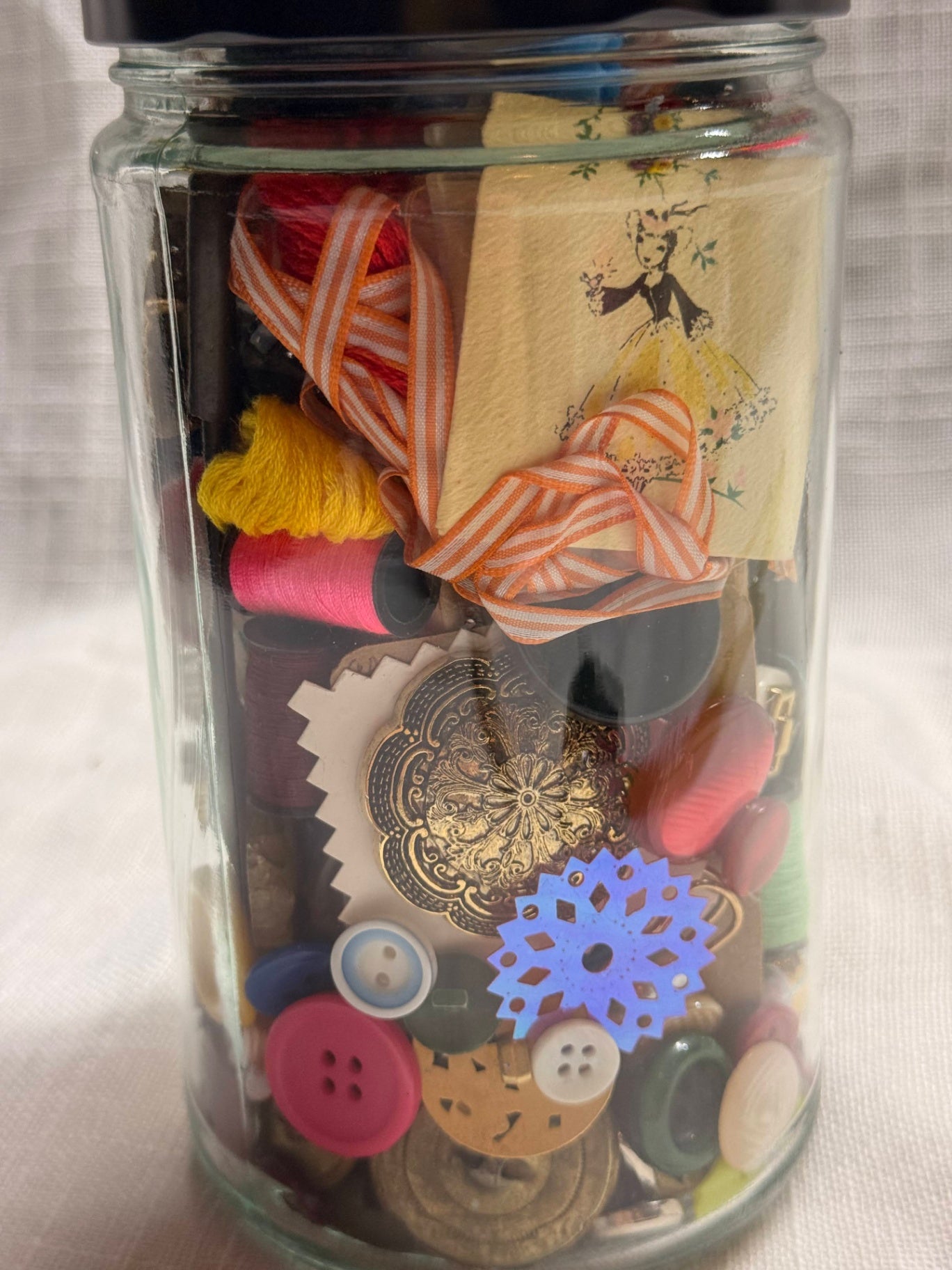 Vintage Curated Sewing Notions "Junk Jar" | Mixed Antique Buttons, Thread & Ribbon | Fabric Flower Topper