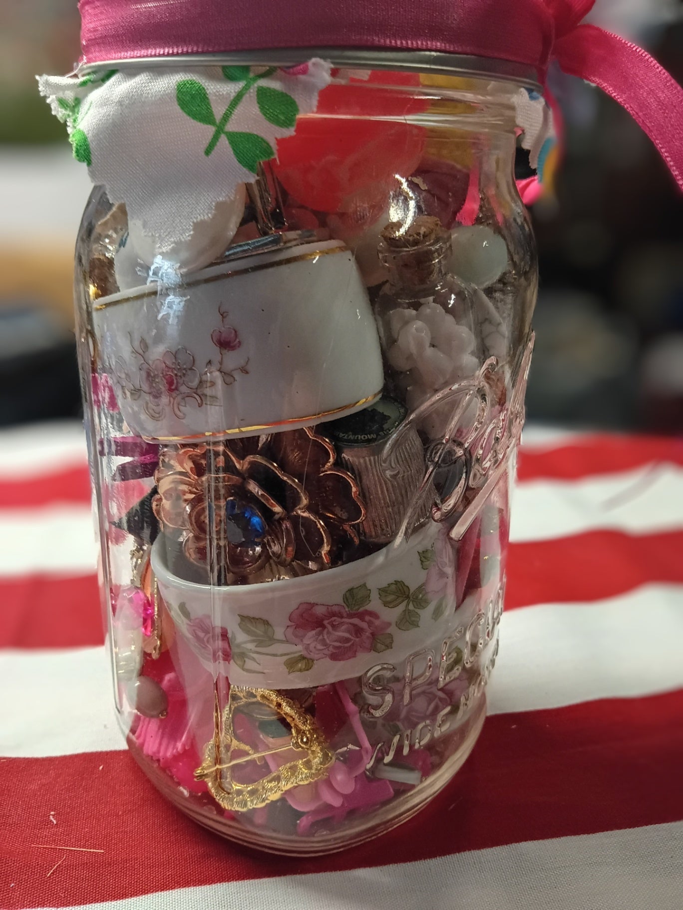 Vintage Assemblage "I Spy" Curio Jar | Floral Fabric-Topped Memory Jar with Mixed Trinkets