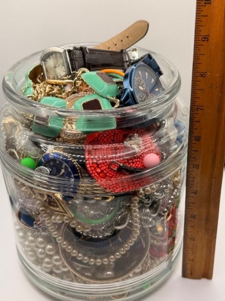 Vintage Costume Jewelry Jar Lot | Packed Assortment of Necklaces, Bracelets & Watches