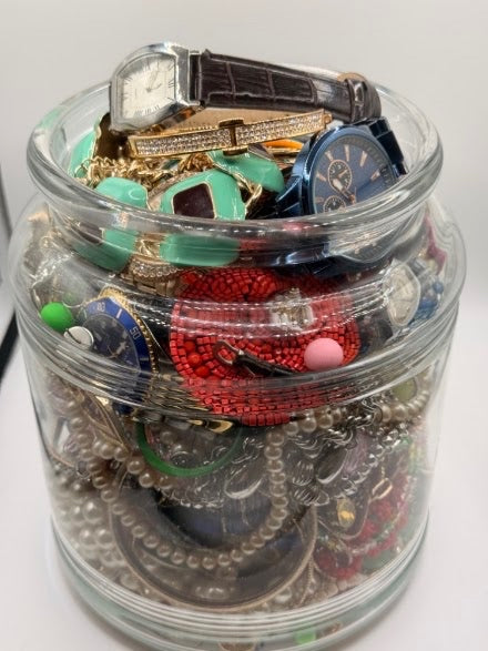 Vintage Costume Jewelry Jar Lot | Packed Assortment of Necklaces, Bracelets & Watches