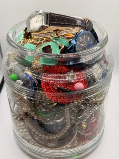 Vintage Costume Jewelry Jar Lot | Packed Assortment of Necklaces, Bracelets & Watches