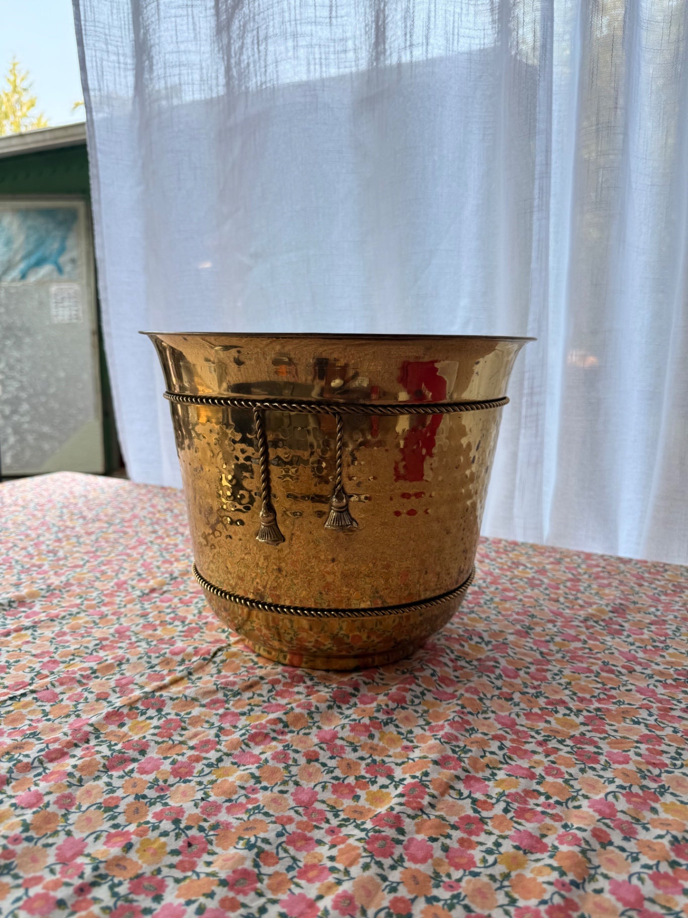 Vintage Hammered Brass Planter Bucket | Rope Trim & Tassel Accent Made in India