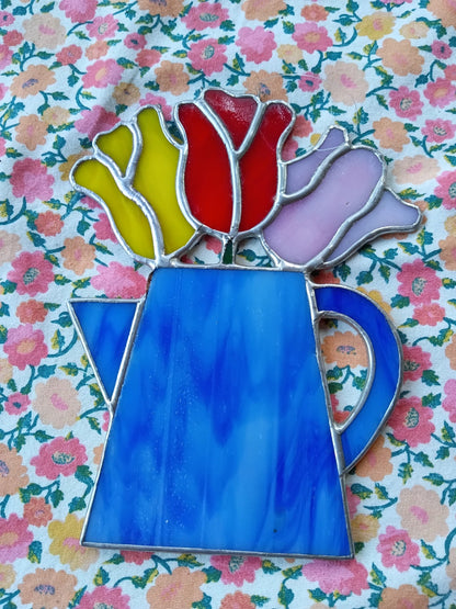 Handmade Stained Glass Tulip Bouquet Sun Catcher | Blue Pitcher with Red & Yellow Flowers